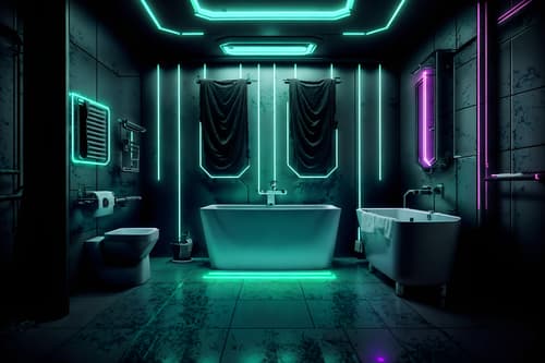 photo from pinterest of cyberpunk-style interior designed (bathroom interior) with bathtub and waste basket and bathroom sink with faucet and bath towel and bath rail and shower and bathroom cabinet and toilet seat. . with led lights and clean straight square lines and military uniforms and gear and futuristic cybernetic city and synthwave and black lights and surrealist paintings and strong geometric walls. . cinematic photo, highly detailed, cinematic lighting, ultra-detailed, ultrarealistic, photorealism, 8k. trending on pinterest. cyberpunk interior design style. masterpiece, cinematic light, ultrarealistic+, photorealistic+, 8k, raw photo, realistic, sharp focus on eyes, (symmetrical eyes), (intact eyes), hyperrealistic, highest quality, best quality, , highly detailed, masterpiece, best quality, extremely detailed 8k wallpaper, masterpiece, best quality, ultra-detailed, best shadow, detailed background, detailed face, detailed eyes, high contrast, best illumination, detailed face, dulux, caustic, dynamic angle, detailed glow. dramatic lighting. highly detailed, insanely detailed hair, symmetrical, intricate details, professionally retouched, 8k high definition. strong bokeh. award winning photo.
