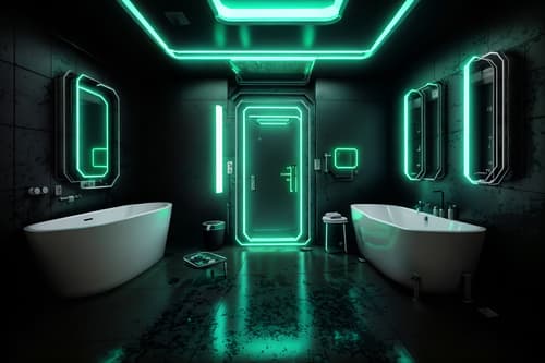 photo from pinterest of cyberpunk-style interior designed (bathroom interior) with bathtub and waste basket and bathroom sink with faucet and bath towel and bath rail and shower and bathroom cabinet and toilet seat. . with led lights and clean straight square lines and military uniforms and gear and futuristic cybernetic city and synthwave and black lights and surrealist paintings and strong geometric walls. . cinematic photo, highly detailed, cinematic lighting, ultra-detailed, ultrarealistic, photorealism, 8k. trending on pinterest. cyberpunk interior design style. masterpiece, cinematic light, ultrarealistic+, photorealistic+, 8k, raw photo, realistic, sharp focus on eyes, (symmetrical eyes), (intact eyes), hyperrealistic, highest quality, best quality, , highly detailed, masterpiece, best quality, extremely detailed 8k wallpaper, masterpiece, best quality, ultra-detailed, best shadow, detailed background, detailed face, detailed eyes, high contrast, best illumination, detailed face, dulux, caustic, dynamic angle, detailed glow. dramatic lighting. highly detailed, insanely detailed hair, symmetrical, intricate details, professionally retouched, 8k high definition. strong bokeh. award winning photo.