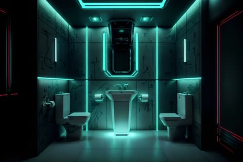photo from pinterest of cyberpunk-style interior designed (toilet interior) with sink with tap and toilet paper hanger and toilet with toilet seat up and sink with tap. . with military uniforms and gear and clean straight square lines and strong geometric walls and futuristic cybernetic details and synthetic objects and color lights glow and futuristic cybernetic city and led lights. . cinematic photo, highly detailed, cinematic lighting, ultra-detailed, ultrarealistic, photorealism, 8k. trending on pinterest. cyberpunk interior design style. masterpiece, cinematic light, ultrarealistic+, photorealistic+, 8k, raw photo, realistic, sharp focus on eyes, (symmetrical eyes), (intact eyes), hyperrealistic, highest quality, best quality, , highly detailed, masterpiece, best quality, extremely detailed 8k wallpaper, masterpiece, best quality, ultra-detailed, best shadow, detailed background, detailed face, detailed eyes, high contrast, best illumination, detailed face, dulux, caustic, dynamic angle, detailed glow. dramatic lighting. highly detailed, insanely detailed hair, symmetrical, intricate details, professionally retouched, 8k high definition. strong bokeh. award winning photo.