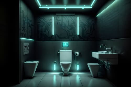 photo from pinterest of cyberpunk-style interior designed (toilet interior) with sink with tap and toilet paper hanger and toilet with toilet seat up and sink with tap. . with military uniforms and gear and clean straight square lines and strong geometric walls and futuristic cybernetic details and synthetic objects and color lights glow and futuristic cybernetic city and led lights. . cinematic photo, highly detailed, cinematic lighting, ultra-detailed, ultrarealistic, photorealism, 8k. trending on pinterest. cyberpunk interior design style. masterpiece, cinematic light, ultrarealistic+, photorealistic+, 8k, raw photo, realistic, sharp focus on eyes, (symmetrical eyes), (intact eyes), hyperrealistic, highest quality, best quality, , highly detailed, masterpiece, best quality, extremely detailed 8k wallpaper, masterpiece, best quality, ultra-detailed, best shadow, detailed background, detailed face, detailed eyes, high contrast, best illumination, detailed face, dulux, caustic, dynamic angle, detailed glow. dramatic lighting. highly detailed, insanely detailed hair, symmetrical, intricate details, professionally retouched, 8k high definition. strong bokeh. award winning photo.