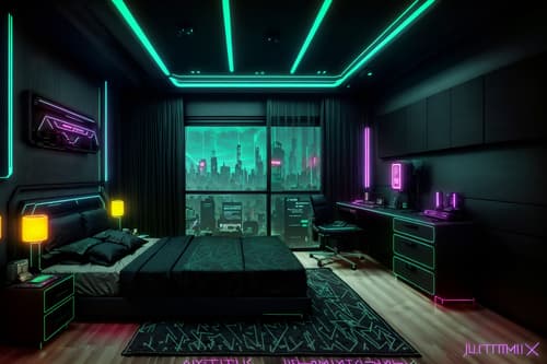 photo from pinterest of cyberpunk-style interior designed (bedroom interior) with headboard and night light and bedside table or night stand and plant and dresser closet and storage bench or ottoman and bed and mirror. . with synthwave and cyberpunk lights and cyberpunk style and minimalist and futuristic cybernetic details and black lights and military uniforms and gear and bladerunner style. . cinematic photo, highly detailed, cinematic lighting, ultra-detailed, ultrarealistic, photorealism, 8k. trending on pinterest. cyberpunk interior design style. masterpiece, cinematic light, ultrarealistic+, photorealistic+, 8k, raw photo, realistic, sharp focus on eyes, (symmetrical eyes), (intact eyes), hyperrealistic, highest quality, best quality, , highly detailed, masterpiece, best quality, extremely detailed 8k wallpaper, masterpiece, best quality, ultra-detailed, best shadow, detailed background, detailed face, detailed eyes, high contrast, best illumination, detailed face, dulux, caustic, dynamic angle, detailed glow. dramatic lighting. highly detailed, insanely detailed hair, symmetrical, intricate details, professionally retouched, 8k high definition. strong bokeh. award winning photo.