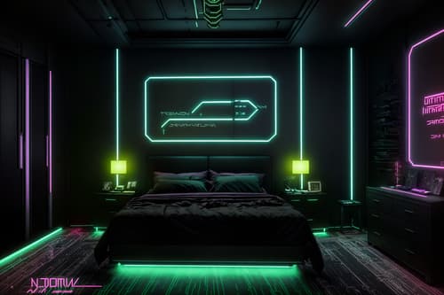 photo from pinterest of cyberpunk-style interior designed (bedroom interior) with headboard and night light and bedside table or night stand and plant and dresser closet and storage bench or ottoman and bed and mirror. . with synthwave and cyberpunk lights and cyberpunk style and minimalist and futuristic cybernetic details and black lights and military uniforms and gear and bladerunner style. . cinematic photo, highly detailed, cinematic lighting, ultra-detailed, ultrarealistic, photorealism, 8k. trending on pinterest. cyberpunk interior design style. masterpiece, cinematic light, ultrarealistic+, photorealistic+, 8k, raw photo, realistic, sharp focus on eyes, (symmetrical eyes), (intact eyes), hyperrealistic, highest quality, best quality, , highly detailed, masterpiece, best quality, extremely detailed 8k wallpaper, masterpiece, best quality, ultra-detailed, best shadow, detailed background, detailed face, detailed eyes, high contrast, best illumination, detailed face, dulux, caustic, dynamic angle, detailed glow. dramatic lighting. highly detailed, insanely detailed hair, symmetrical, intricate details, professionally retouched, 8k high definition. strong bokeh. award winning photo.
