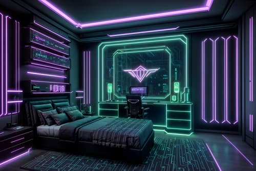 photo from pinterest of cyberpunk-style interior designed (hotel room interior) with mirror and dresser closet and headboard and plant and accent chair and bedside table or night stand and storage bench or ottoman and working desk with desk chair. . with futuristic cybernetic details and synthetic objects and strong geometric walls and clean straight square lines and cyberpunk style and cyberpunk lights and futuristic cybernetic city and bladerunner lights. . cinematic photo, highly detailed, cinematic lighting, ultra-detailed, ultrarealistic, photorealism, 8k. trending on pinterest. cyberpunk interior design style. masterpiece, cinematic light, ultrarealistic+, photorealistic+, 8k, raw photo, realistic, sharp focus on eyes, (symmetrical eyes), (intact eyes), hyperrealistic, highest quality, best quality, , highly detailed, masterpiece, best quality, extremely detailed 8k wallpaper, masterpiece, best quality, ultra-detailed, best shadow, detailed background, detailed face, detailed eyes, high contrast, best illumination, detailed face, dulux, caustic, dynamic angle, detailed glow. dramatic lighting. highly detailed, insanely detailed hair, symmetrical, intricate details, professionally retouched, 8k high definition. strong bokeh. award winning photo.