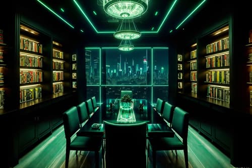photo from pinterest of cyberpunk-style interior designed (dining room interior) with bookshelves and plates, cutlery and glasses on dining table and painting or photo on wall and light or chandelier and plant and table cloth and dining table chairs and vase. . with dark night and synthetic objects and cyberpunk lights and futuristic cybernetic city and cyberpunk style and surrealist paintings and led lights and military uniforms and gear. . cinematic photo, highly detailed, cinematic lighting, ultra-detailed, ultrarealistic, photorealism, 8k. trending on pinterest. cyberpunk interior design style. masterpiece, cinematic light, ultrarealistic+, photorealistic+, 8k, raw photo, realistic, sharp focus on eyes, (symmetrical eyes), (intact eyes), hyperrealistic, highest quality, best quality, , highly detailed, masterpiece, best quality, extremely detailed 8k wallpaper, masterpiece, best quality, ultra-detailed, best shadow, detailed background, detailed face, detailed eyes, high contrast, best illumination, detailed face, dulux, caustic, dynamic angle, detailed glow. dramatic lighting. highly detailed, insanely detailed hair, symmetrical, intricate details, professionally retouched, 8k high definition. strong bokeh. award winning photo.