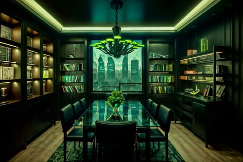 photo from pinterest of cyberpunk-style interior designed (dining room interior) with bookshelves and plates, cutlery and glasses on dining table and painting or photo on wall and light or chandelier and plant and table cloth and dining table chairs and vase. . with dark night and synthetic objects and cyberpunk lights and futuristic cybernetic city and cyberpunk style and surrealist paintings and led lights and military uniforms and gear. . cinematic photo, highly detailed, cinematic lighting, ultra-detailed, ultrarealistic, photorealism, 8k. trending on pinterest. cyberpunk interior design style. masterpiece, cinematic light, ultrarealistic+, photorealistic+, 8k, raw photo, realistic, sharp focus on eyes, (symmetrical eyes), (intact eyes), hyperrealistic, highest quality, best quality, , highly detailed, masterpiece, best quality, extremely detailed 8k wallpaper, masterpiece, best quality, ultra-detailed, best shadow, detailed background, detailed face, detailed eyes, high contrast, best illumination, detailed face, dulux, caustic, dynamic angle, detailed glow. dramatic lighting. highly detailed, insanely detailed hair, symmetrical, intricate details, professionally retouched, 8k high definition. strong bokeh. award winning photo.