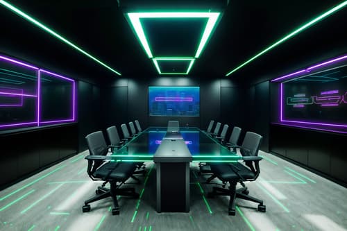 photo from pinterest of cyberpunk-style interior designed (meeting room interior) with vase and painting or photo on wall and office chairs and boardroom table and glass doors and plant and glass walls and cabinets. . with military uniforms and gear and color lights glow and cyberpunk lights and strong geometric walls and black lights and led lights and synthwave and cyberpunk lights. . cinematic photo, highly detailed, cinematic lighting, ultra-detailed, ultrarealistic, photorealism, 8k. trending on pinterest. cyberpunk interior design style. masterpiece, cinematic light, ultrarealistic+, photorealistic+, 8k, raw photo, realistic, sharp focus on eyes, (symmetrical eyes), (intact eyes), hyperrealistic, highest quality, best quality, , highly detailed, masterpiece, best quality, extremely detailed 8k wallpaper, masterpiece, best quality, ultra-detailed, best shadow, detailed background, detailed face, detailed eyes, high contrast, best illumination, detailed face, dulux, caustic, dynamic angle, detailed glow. dramatic lighting. highly detailed, insanely detailed hair, symmetrical, intricate details, professionally retouched, 8k high definition. strong bokeh. award winning photo.