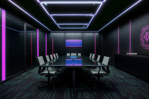 photo from pinterest of cyberpunk-style interior designed (meeting room interior) with vase and painting or photo on wall and office chairs and boardroom table and glass doors and plant and glass walls and cabinets. . with military uniforms and gear and color lights glow and cyberpunk lights and strong geometric walls and black lights and led lights and synthwave and cyberpunk lights. . cinematic photo, highly detailed, cinematic lighting, ultra-detailed, ultrarealistic, photorealism, 8k. trending on pinterest. cyberpunk interior design style. masterpiece, cinematic light, ultrarealistic+, photorealistic+, 8k, raw photo, realistic, sharp focus on eyes, (symmetrical eyes), (intact eyes), hyperrealistic, highest quality, best quality, , highly detailed, masterpiece, best quality, extremely detailed 8k wallpaper, masterpiece, best quality, ultra-detailed, best shadow, detailed background, detailed face, detailed eyes, high contrast, best illumination, detailed face, dulux, caustic, dynamic angle, detailed glow. dramatic lighting. highly detailed, insanely detailed hair, symmetrical, intricate details, professionally retouched, 8k high definition. strong bokeh. award winning photo.