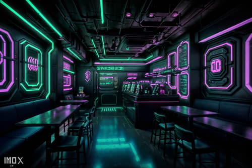 photo from pinterest of cyberpunk-style interior designed (coffee shop interior) . with bladerunner lights and color lights glow and synthwave and surrealist paintings and cyberpunk lights and minimalist and synthetic objects and futuristic cybernetic details. . cinematic photo, highly detailed, cinematic lighting, ultra-detailed, ultrarealistic, photorealism, 8k. trending on pinterest. cyberpunk interior design style. masterpiece, cinematic light, ultrarealistic+, photorealistic+, 8k, raw photo, realistic, sharp focus on eyes, (symmetrical eyes), (intact eyes), hyperrealistic, highest quality, best quality, , highly detailed, masterpiece, best quality, extremely detailed 8k wallpaper, masterpiece, best quality, ultra-detailed, best shadow, detailed background, detailed face, detailed eyes, high contrast, best illumination, detailed face, dulux, caustic, dynamic angle, detailed glow. dramatic lighting. highly detailed, insanely detailed hair, symmetrical, intricate details, professionally retouched, 8k high definition. strong bokeh. award winning photo.