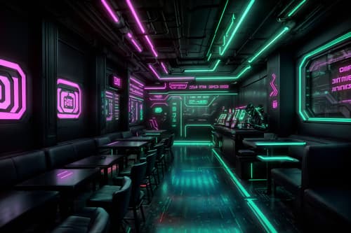 photo from pinterest of cyberpunk-style interior designed (coffee shop interior) . with bladerunner lights and color lights glow and synthwave and surrealist paintings and cyberpunk lights and minimalist and synthetic objects and futuristic cybernetic details. . cinematic photo, highly detailed, cinematic lighting, ultra-detailed, ultrarealistic, photorealism, 8k. trending on pinterest. cyberpunk interior design style. masterpiece, cinematic light, ultrarealistic+, photorealistic+, 8k, raw photo, realistic, sharp focus on eyes, (symmetrical eyes), (intact eyes), hyperrealistic, highest quality, best quality, , highly detailed, masterpiece, best quality, extremely detailed 8k wallpaper, masterpiece, best quality, ultra-detailed, best shadow, detailed background, detailed face, detailed eyes, high contrast, best illumination, detailed face, dulux, caustic, dynamic angle, detailed glow. dramatic lighting. highly detailed, insanely detailed hair, symmetrical, intricate details, professionally retouched, 8k high definition. strong bokeh. award winning photo.