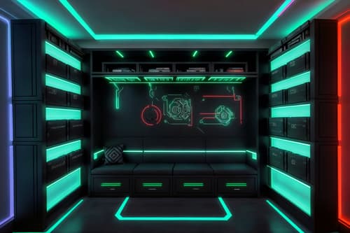 photo from pinterest of cyberpunk-style interior designed (drop zone interior) with storage drawers and lockers and high up storage and cubbies and shelves for shoes and cabinets and wall hooks for coats and a bench. . with color lights glow and bladerunner lights and futuristic cybernetic details and bladerunner style and synthetic objects and cyberpunk lights and strong geometric walls and surrealist paintings. . cinematic photo, highly detailed, cinematic lighting, ultra-detailed, ultrarealistic, photorealism, 8k. trending on pinterest. cyberpunk interior design style. masterpiece, cinematic light, ultrarealistic+, photorealistic+, 8k, raw photo, realistic, sharp focus on eyes, (symmetrical eyes), (intact eyes), hyperrealistic, highest quality, best quality, , highly detailed, masterpiece, best quality, extremely detailed 8k wallpaper, masterpiece, best quality, ultra-detailed, best shadow, detailed background, detailed face, detailed eyes, high contrast, best illumination, detailed face, dulux, caustic, dynamic angle, detailed glow. dramatic lighting. highly detailed, insanely detailed hair, symmetrical, intricate details, professionally retouched, 8k high definition. strong bokeh. award winning photo.