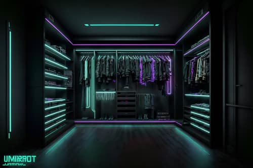 photo from pinterest of cyberpunk-style interior designed (walk in closet interior) . with black lights and military uniforms and gear and surrealist paintings and bladerunner lights and synthwave and cyberpunk lights and futuristic cybernetic city and cyberpunk lights. . cinematic photo, highly detailed, cinematic lighting, ultra-detailed, ultrarealistic, photorealism, 8k. trending on pinterest. cyberpunk interior design style. masterpiece, cinematic light, ultrarealistic+, photorealistic+, 8k, raw photo, realistic, sharp focus on eyes, (symmetrical eyes), (intact eyes), hyperrealistic, highest quality, best quality, , highly detailed, masterpiece, best quality, extremely detailed 8k wallpaper, masterpiece, best quality, ultra-detailed, best shadow, detailed background, detailed face, detailed eyes, high contrast, best illumination, detailed face, dulux, caustic, dynamic angle, detailed glow. dramatic lighting. highly detailed, insanely detailed hair, symmetrical, intricate details, professionally retouched, 8k high definition. strong bokeh. award winning photo.