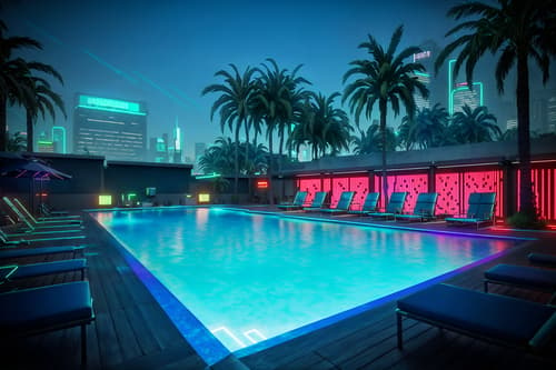 photo from pinterest of cyberpunk-style designed (outdoor pool area ) with pool lounge chairs and pool and pool lights and pool lounge chairs. . with color lights glow and strong geometric walls and cyberpunk style and cyberpunk lights and cyberpunk lights and synthwave and military uniforms and gear and dark night. . cinematic photo, highly detailed, cinematic lighting, ultra-detailed, ultrarealistic, photorealism, 8k. trending on pinterest. cyberpunk design style. masterpiece, cinematic light, ultrarealistic+, photorealistic+, 8k, raw photo, realistic, sharp focus on eyes, (symmetrical eyes), (intact eyes), hyperrealistic, highest quality, best quality, , highly detailed, masterpiece, best quality, extremely detailed 8k wallpaper, masterpiece, best quality, ultra-detailed, best shadow, detailed background, detailed face, detailed eyes, high contrast, best illumination, detailed face, dulux, caustic, dynamic angle, detailed glow. dramatic lighting. highly detailed, insanely detailed hair, symmetrical, intricate details, professionally retouched, 8k high definition. strong bokeh. award winning photo.
