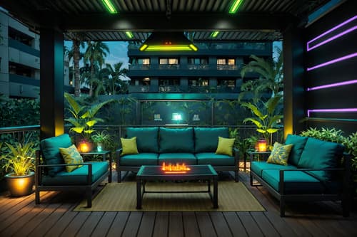 photo from pinterest of cyberpunk-style designed (outdoor patio ) with patio couch with pillows and grass and deck with deck chairs and barbeque or grill and plant and patio couch with pillows. . with color lights glow and led lights and bladerunner lights and synthwave and synthetic objects and dark night and military uniforms and gear and strong geometric walls. . cinematic photo, highly detailed, cinematic lighting, ultra-detailed, ultrarealistic, photorealism, 8k. trending on pinterest. cyberpunk design style. masterpiece, cinematic light, ultrarealistic+, photorealistic+, 8k, raw photo, realistic, sharp focus on eyes, (symmetrical eyes), (intact eyes), hyperrealistic, highest quality, best quality, , highly detailed, masterpiece, best quality, extremely detailed 8k wallpaper, masterpiece, best quality, ultra-detailed, best shadow, detailed background, detailed face, detailed eyes, high contrast, best illumination, detailed face, dulux, caustic, dynamic angle, detailed glow. dramatic lighting. highly detailed, insanely detailed hair, symmetrical, intricate details, professionally retouched, 8k high definition. strong bokeh. award winning photo.