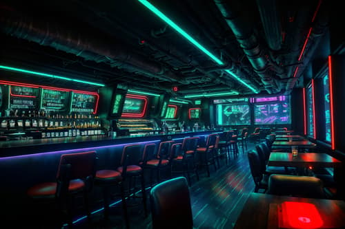 photo from pinterest of cyberpunk-style interior designed (restaurant interior) with restaurant chairs and restaurant bar and restaurant dining tables and restaurant decor and restaurant chairs. . with led lights and cyberpunk style and cyberpunk lights and futuristic cybernetic details and military uniforms and gear and color lights glow and bladerunner lights and cyberpunk lights. . cinematic photo, highly detailed, cinematic lighting, ultra-detailed, ultrarealistic, photorealism, 8k. trending on pinterest. cyberpunk interior design style. masterpiece, cinematic light, ultrarealistic+, photorealistic+, 8k, raw photo, realistic, sharp focus on eyes, (symmetrical eyes), (intact eyes), hyperrealistic, highest quality, best quality, , highly detailed, masterpiece, best quality, extremely detailed 8k wallpaper, masterpiece, best quality, ultra-detailed, best shadow, detailed background, detailed face, detailed eyes, high contrast, best illumination, detailed face, dulux, caustic, dynamic angle, detailed glow. dramatic lighting. highly detailed, insanely detailed hair, symmetrical, intricate details, professionally retouched, 8k high definition. strong bokeh. award winning photo.