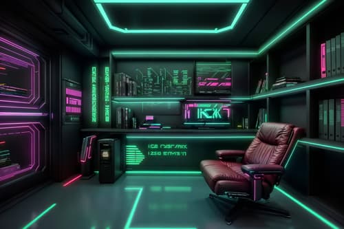 photo from pinterest of cyberpunk-style interior designed (study room interior) with office chair and writing desk and lounge chair and bookshelves and plant and desk lamp and cabinets and office chair. . with synthwave and cyberpunk lights and clean straight square lines and strong geometric walls and futuristic cybernetic city and bladerunner lights and cyberpunk style and futuristic cybernetic details. . cinematic photo, highly detailed, cinematic lighting, ultra-detailed, ultrarealistic, photorealism, 8k. trending on pinterest. cyberpunk interior design style. masterpiece, cinematic light, ultrarealistic+, photorealistic+, 8k, raw photo, realistic, sharp focus on eyes, (symmetrical eyes), (intact eyes), hyperrealistic, highest quality, best quality, , highly detailed, masterpiece, best quality, extremely detailed 8k wallpaper, masterpiece, best quality, ultra-detailed, best shadow, detailed background, detailed face, detailed eyes, high contrast, best illumination, detailed face, dulux, caustic, dynamic angle, detailed glow. dramatic lighting. highly detailed, insanely detailed hair, symmetrical, intricate details, professionally retouched, 8k high definition. strong bokeh. award winning photo.