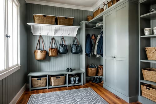 photo from pinterest of scandinavian-style interior designed (mudroom interior) with a bench and storage drawers and shelves for shoes and cabinets and storage baskets and wall hooks for coats and cubbies and high up storage. . with . . cinematic photo, highly detailed, cinematic lighting, ultra-detailed, ultrarealistic, photorealism, 8k. trending on pinterest. scandinavian interior design style. masterpiece, cinematic light, ultrarealistic+, photorealistic+, 8k, raw photo, realistic, sharp focus on eyes, (symmetrical eyes), (intact eyes), hyperrealistic, highest quality, best quality, , highly detailed, masterpiece, best quality, extremely detailed 8k wallpaper, masterpiece, best quality, ultra-detailed, best shadow, detailed background, detailed face, detailed eyes, high contrast, best illumination, detailed face, dulux, caustic, dynamic angle, detailed glow. dramatic lighting. highly detailed, insanely detailed hair, symmetrical, intricate details, professionally retouched, 8k high definition. strong bokeh. award winning photo.