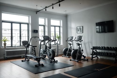 photo from pinterest of scandinavian-style interior designed (fitness gym interior) with exercise bicycle and dumbbell stand and crosstrainer and squat rack and bench press and exercise bicycle. . with . . cinematic photo, highly detailed, cinematic lighting, ultra-detailed, ultrarealistic, photorealism, 8k. trending on pinterest. scandinavian interior design style. masterpiece, cinematic light, ultrarealistic+, photorealistic+, 8k, raw photo, realistic, sharp focus on eyes, (symmetrical eyes), (intact eyes), hyperrealistic, highest quality, best quality, , highly detailed, masterpiece, best quality, extremely detailed 8k wallpaper, masterpiece, best quality, ultra-detailed, best shadow, detailed background, detailed face, detailed eyes, high contrast, best illumination, detailed face, dulux, caustic, dynamic angle, detailed glow. dramatic lighting. highly detailed, insanely detailed hair, symmetrical, intricate details, professionally retouched, 8k high definition. strong bokeh. award winning photo.