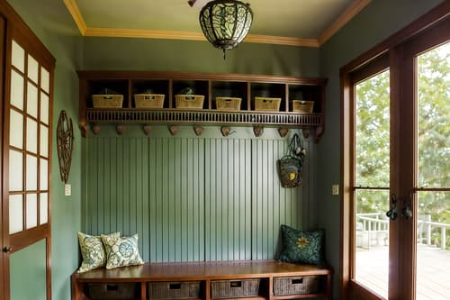 photo from pinterest of art nouveau-style interior designed (mudroom interior) with wall hooks for coats and high up storage and storage drawers and shelves for shoes and storage baskets and cubbies and a bench and cabinets. . with japanese motifs and wallpaper pattners of spider webs and stained glass and curving, plant-like embellishments and ashy colors and curved glass and asymmetrical shapes and wallpaper patterns of feathers. . cinematic photo, highly detailed, cinematic lighting, ultra-detailed, ultrarealistic, photorealism, 8k. trending on pinterest. art nouveau interior design style. masterpiece, cinematic light, ultrarealistic+, photorealistic+, 8k, raw photo, realistic, sharp focus on eyes, (symmetrical eyes), (intact eyes), hyperrealistic, highest quality, best quality, , highly detailed, masterpiece, best quality, extremely detailed 8k wallpaper, masterpiece, best quality, ultra-detailed, best shadow, detailed background, detailed face, detailed eyes, high contrast, best illumination, detailed face, dulux, caustic, dynamic angle, detailed glow. dramatic lighting. highly detailed, insanely detailed hair, symmetrical, intricate details, professionally retouched, 8k high definition. strong bokeh. award winning photo.