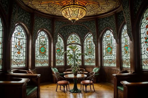 photo from pinterest of art nouveau-style interior designed (coffee shop interior) . with curving, plant-like embellishments and arches and curved forms and soft, rounded lines and asymmetrical shapes and wallpaper patterns of feathers and japanese motifs and stained glass and wallpaper pattners of spider webs. . cinematic photo, highly detailed, cinematic lighting, ultra-detailed, ultrarealistic, photorealism, 8k. trending on pinterest. art nouveau interior design style. masterpiece, cinematic light, ultrarealistic+, photorealistic+, 8k, raw photo, realistic, sharp focus on eyes, (symmetrical eyes), (intact eyes), hyperrealistic, highest quality, best quality, , highly detailed, masterpiece, best quality, extremely detailed 8k wallpaper, masterpiece, best quality, ultra-detailed, best shadow, detailed background, detailed face, detailed eyes, high contrast, best illumination, detailed face, dulux, caustic, dynamic angle, detailed glow. dramatic lighting. highly detailed, insanely detailed hair, symmetrical, intricate details, professionally retouched, 8k high definition. strong bokeh. award winning photo.