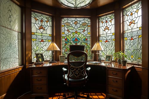 photo from pinterest of art nouveau-style interior designed (home office interior) with desk lamp and cabinets and computer desk and plant and office chair and desk lamp. . with stained glass and asymmetrical shapes and soft, rounded lines and japanese motifs and wallpaper pattners of spider webs and mosaics and stained glass and curved glass. . cinematic photo, highly detailed, cinematic lighting, ultra-detailed, ultrarealistic, photorealism, 8k. trending on pinterest. art nouveau interior design style. masterpiece, cinematic light, ultrarealistic+, photorealistic+, 8k, raw photo, realistic, sharp focus on eyes, (symmetrical eyes), (intact eyes), hyperrealistic, highest quality, best quality, , highly detailed, masterpiece, best quality, extremely detailed 8k wallpaper, masterpiece, best quality, ultra-detailed, best shadow, detailed background, detailed face, detailed eyes, high contrast, best illumination, detailed face, dulux, caustic, dynamic angle, detailed glow. dramatic lighting. highly detailed, insanely detailed hair, symmetrical, intricate details, professionally retouched, 8k high definition. strong bokeh. award winning photo.