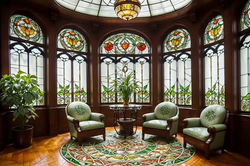photo from pinterest of art nouveau-style interior designed (office interior) with windows and lounge chairs and cabinets and computer desks and plants and seating area with sofa and office desks and office chairs. . with stained glass and curved glass and wallpaper patterns of stylized flowers and wallpaper patterns of feathers and stained glass and arches and curved forms and mosaics and soft, rounded lines. . cinematic photo, highly detailed, cinematic lighting, ultra-detailed, ultrarealistic, photorealism, 8k. trending on pinterest. art nouveau interior design style. masterpiece, cinematic light, ultrarealistic+, photorealistic+, 8k, raw photo, realistic, sharp focus on eyes, (symmetrical eyes), (intact eyes), hyperrealistic, highest quality, best quality, , highly detailed, masterpiece, best quality, extremely detailed 8k wallpaper, masterpiece, best quality, ultra-detailed, best shadow, detailed background, detailed face, detailed eyes, high contrast, best illumination, detailed face, dulux, caustic, dynamic angle, detailed glow. dramatic lighting. highly detailed, insanely detailed hair, symmetrical, intricate details, professionally retouched, 8k high definition. strong bokeh. award winning photo.