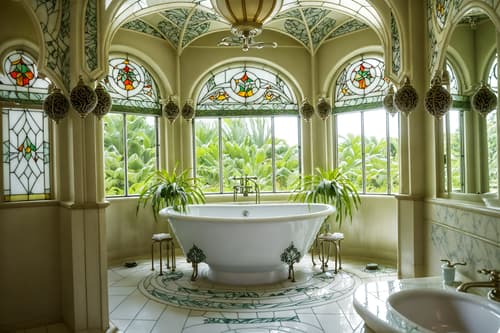 photo from pinterest of art nouveau-style interior designed (hotel bathroom interior) with shower and bath towel and plant and bathroom sink with faucet and bathtub and bath rail and toilet seat and waste basket. . with stained glass and curving, plant-like embellishments and arches and curved forms and wallpaper pattners of spider webs and natural materials and curved glass and stained glass and japanese motifs. . cinematic photo, highly detailed, cinematic lighting, ultra-detailed, ultrarealistic, photorealism, 8k. trending on pinterest. art nouveau interior design style. masterpiece, cinematic light, ultrarealistic+, photorealistic+, 8k, raw photo, realistic, sharp focus on eyes, (symmetrical eyes), (intact eyes), hyperrealistic, highest quality, best quality, , highly detailed, masterpiece, best quality, extremely detailed 8k wallpaper, masterpiece, best quality, ultra-detailed, best shadow, detailed background, detailed face, detailed eyes, high contrast, best illumination, detailed face, dulux, caustic, dynamic angle, detailed glow. dramatic lighting. highly detailed, insanely detailed hair, symmetrical, intricate details, professionally retouched, 8k high definition. strong bokeh. award winning photo.