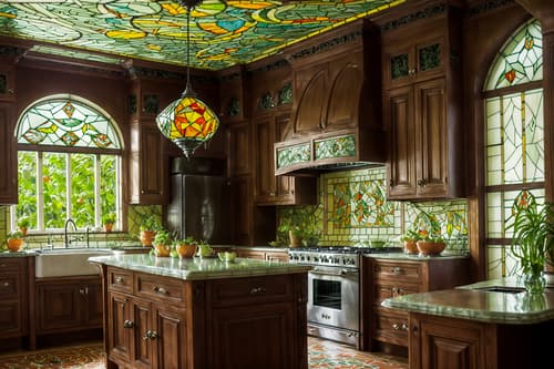 photo from pinterest of art nouveau-style interior designed (kitchen interior) with plant and worktops and refrigerator and sink and kitchen cabinets and stove and plant. . with curving, plant-like embellishments and mosaics and wallpaper pattners of spider webs and curved glass and stained glass and ashy colors and stained glass and natural materials. . cinematic photo, highly detailed, cinematic lighting, ultra-detailed, ultrarealistic, photorealism, 8k. trending on pinterest. art nouveau interior design style. masterpiece, cinematic light, ultrarealistic+, photorealistic+, 8k, raw photo, realistic, sharp focus on eyes, (symmetrical eyes), (intact eyes), hyperrealistic, highest quality, best quality, , highly detailed, masterpiece, best quality, extremely detailed 8k wallpaper, masterpiece, best quality, ultra-detailed, best shadow, detailed background, detailed face, detailed eyes, high contrast, best illumination, detailed face, dulux, caustic, dynamic angle, detailed glow. dramatic lighting. highly detailed, insanely detailed hair, symmetrical, intricate details, professionally retouched, 8k high definition. strong bokeh. award winning photo.