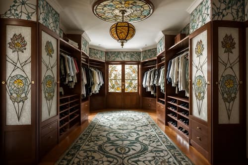 photo from pinterest of art nouveau-style interior designed (walk in closet interior) . with wallpaper patterns of feathers and stained glass and mosaics and curved glass and japanese motifs and soft, rounded lines and natural materials and wallpaper patterns of stylized flowers. . cinematic photo, highly detailed, cinematic lighting, ultra-detailed, ultrarealistic, photorealism, 8k. trending on pinterest. art nouveau interior design style. masterpiece, cinematic light, ultrarealistic+, photorealistic+, 8k, raw photo, realistic, sharp focus on eyes, (symmetrical eyes), (intact eyes), hyperrealistic, highest quality, best quality, , highly detailed, masterpiece, best quality, extremely detailed 8k wallpaper, masterpiece, best quality, ultra-detailed, best shadow, detailed background, detailed face, detailed eyes, high contrast, best illumination, detailed face, dulux, caustic, dynamic angle, detailed glow. dramatic lighting. highly detailed, insanely detailed hair, symmetrical, intricate details, professionally retouched, 8k high definition. strong bokeh. award winning photo.