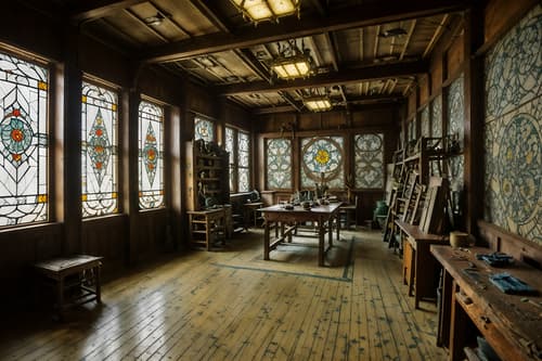 photo from pinterest of art nouveau-style interior designed (workshop interior) with messy and wooden workbench and tool wall and messy. . with asymmetrical shapes and japanese motifs and arches and curved forms and wallpaper patterns of stylized flowers and wallpaper patterns of feathers and stained glass and mosaics and soft, rounded lines. . cinematic photo, highly detailed, cinematic lighting, ultra-detailed, ultrarealistic, photorealism, 8k. trending on pinterest. art nouveau interior design style. masterpiece, cinematic light, ultrarealistic+, photorealistic+, 8k, raw photo, realistic, sharp focus on eyes, (symmetrical eyes), (intact eyes), hyperrealistic, highest quality, best quality, , highly detailed, masterpiece, best quality, extremely detailed 8k wallpaper, masterpiece, best quality, ultra-detailed, best shadow, detailed background, detailed face, detailed eyes, high contrast, best illumination, detailed face, dulux, caustic, dynamic angle, detailed glow. dramatic lighting. highly detailed, insanely detailed hair, symmetrical, intricate details, professionally retouched, 8k high definition. strong bokeh. award winning photo.