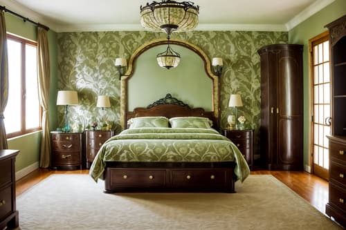 photo from pinterest of art nouveau-style interior designed (bedroom interior) with accent chair and mirror and storage bench or ottoman and dresser closet and bedside table or night stand and headboard and bed and night light. . with natural materials and curving, plant-like embellishments and curved glass and arches and curved forms and wallpaper patterns of stylized flowers and soft, rounded lines and japanese motifs and wallpaper patterns of feathers. . cinematic photo, highly detailed, cinematic lighting, ultra-detailed, ultrarealistic, photorealism, 8k. trending on pinterest. art nouveau interior design style. masterpiece, cinematic light, ultrarealistic+, photorealistic+, 8k, raw photo, realistic, sharp focus on eyes, (symmetrical eyes), (intact eyes), hyperrealistic, highest quality, best quality, , highly detailed, masterpiece, best quality, extremely detailed 8k wallpaper, masterpiece, best quality, ultra-detailed, best shadow, detailed background, detailed face, detailed eyes, high contrast, best illumination, detailed face, dulux, caustic, dynamic angle, detailed glow. dramatic lighting. highly detailed, insanely detailed hair, symmetrical, intricate details, professionally retouched, 8k high definition. strong bokeh. award winning photo.