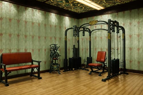 photo from pinterest of art nouveau-style interior designed (fitness gym interior) with squat rack and bench press and crosstrainer and exercise bicycle and dumbbell stand and squat rack. . with stained glass and asymmetrical shapes and wallpaper patterns of stylized flowers and ashy colors and mosaics and wallpaper pattners of spider webs and wallpaper patterns of feathers and japanese motifs. . cinematic photo, highly detailed, cinematic lighting, ultra-detailed, ultrarealistic, photorealism, 8k. trending on pinterest. art nouveau interior design style. masterpiece, cinematic light, ultrarealistic+, photorealistic+, 8k, raw photo, realistic, sharp focus on eyes, (symmetrical eyes), (intact eyes), hyperrealistic, highest quality, best quality, , highly detailed, masterpiece, best quality, extremely detailed 8k wallpaper, masterpiece, best quality, ultra-detailed, best shadow, detailed background, detailed face, detailed eyes, high contrast, best illumination, detailed face, dulux, caustic, dynamic angle, detailed glow. dramatic lighting. highly detailed, insanely detailed hair, symmetrical, intricate details, professionally retouched, 8k high definition. strong bokeh. award winning photo.