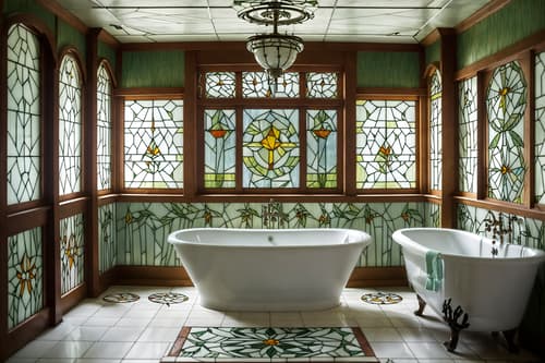 photo from pinterest of art nouveau-style interior designed (bathroom interior) with bathtub and shower and bath towel and mirror and bathroom sink with faucet and plant and bath rail and waste basket. . with natural materials and japanese motifs and stained glass and wallpaper pattners of spider webs and mosaics and stained glass and asymmetrical shapes and wallpaper patterns of feathers. . cinematic photo, highly detailed, cinematic lighting, ultra-detailed, ultrarealistic, photorealism, 8k. trending on pinterest. art nouveau interior design style. masterpiece, cinematic light, ultrarealistic+, photorealistic+, 8k, raw photo, realistic, sharp focus on eyes, (symmetrical eyes), (intact eyes), hyperrealistic, highest quality, best quality, , highly detailed, masterpiece, best quality, extremely detailed 8k wallpaper, masterpiece, best quality, ultra-detailed, best shadow, detailed background, detailed face, detailed eyes, high contrast, best illumination, detailed face, dulux, caustic, dynamic angle, detailed glow. dramatic lighting. highly detailed, insanely detailed hair, symmetrical, intricate details, professionally retouched, 8k high definition. strong bokeh. award winning photo.