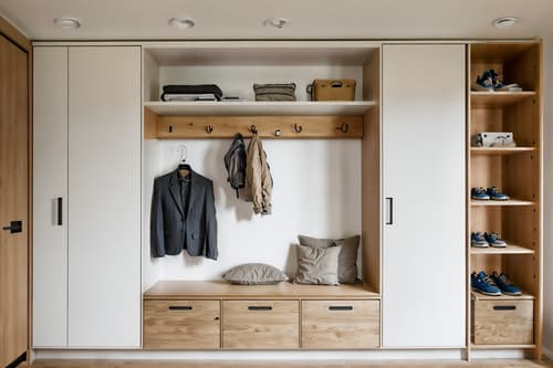 photo from pinterest of modern-style interior designed (drop zone interior) with shelves for shoes and cabinets and cubbies and storage baskets and a bench and lockers and wall hooks for coats and high up storage. . with neutral walls and textures and practicality and functionality and natural materials and elements and open and natural lighting and simple, clean lines and simplistic furniture and neutral walls and textures. . cinematic photo, highly detailed, cinematic lighting, ultra-detailed, ultrarealistic, photorealism, 8k. trending on pinterest. modern interior design style. masterpiece, cinematic light, ultrarealistic+, photorealistic+, 8k, raw photo, realistic, sharp focus on eyes, (symmetrical eyes), (intact eyes), hyperrealistic, highest quality, best quality, , highly detailed, masterpiece, best quality, extremely detailed 8k wallpaper, masterpiece, best quality, ultra-detailed, best shadow, detailed background, detailed face, detailed eyes, high contrast, best illumination, detailed face, dulux, caustic, dynamic angle, detailed glow. dramatic lighting. highly detailed, insanely detailed hair, symmetrical, intricate details, professionally retouched, 8k high definition. strong bokeh. award winning photo.