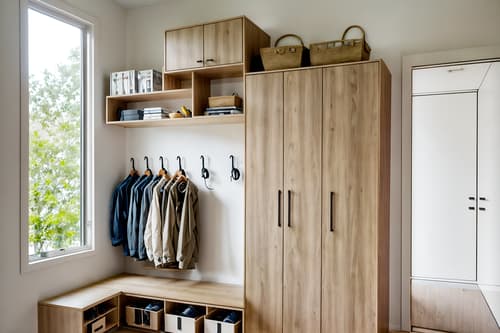 photo from pinterest of modern-style interior designed (drop zone interior) with shelves for shoes and cabinets and cubbies and storage baskets and a bench and lockers and wall hooks for coats and high up storage. . with neutral walls and textures and practicality and functionality and natural materials and elements and open and natural lighting and simple, clean lines and simplistic furniture and neutral walls and textures. . cinematic photo, highly detailed, cinematic lighting, ultra-detailed, ultrarealistic, photorealism, 8k. trending on pinterest. modern interior design style. masterpiece, cinematic light, ultrarealistic+, photorealistic+, 8k, raw photo, realistic, sharp focus on eyes, (symmetrical eyes), (intact eyes), hyperrealistic, highest quality, best quality, , highly detailed, masterpiece, best quality, extremely detailed 8k wallpaper, masterpiece, best quality, ultra-detailed, best shadow, detailed background, detailed face, detailed eyes, high contrast, best illumination, detailed face, dulux, caustic, dynamic angle, detailed glow. dramatic lighting. highly detailed, insanely detailed hair, symmetrical, intricate details, professionally retouched, 8k high definition. strong bokeh. award winning photo.