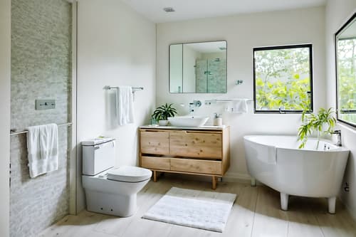 photo from pinterest of modern-style interior designed (bathroom interior) with toilet seat and bathroom sink with faucet and bath rail and bath towel and mirror and waste basket and shower and plant. . with practicality and functionality and natural materials and elements and neutral walls and textures and open and natural lighting and simple, clean lines and simplistic furniture and practicality and functionality. . cinematic photo, highly detailed, cinematic lighting, ultra-detailed, ultrarealistic, photorealism, 8k. trending on pinterest. modern interior design style. masterpiece, cinematic light, ultrarealistic+, photorealistic+, 8k, raw photo, realistic, sharp focus on eyes, (symmetrical eyes), (intact eyes), hyperrealistic, highest quality, best quality, , highly detailed, masterpiece, best quality, extremely detailed 8k wallpaper, masterpiece, best quality, ultra-detailed, best shadow, detailed background, detailed face, detailed eyes, high contrast, best illumination, detailed face, dulux, caustic, dynamic angle, detailed glow. dramatic lighting. highly detailed, insanely detailed hair, symmetrical, intricate details, professionally retouched, 8k high definition. strong bokeh. award winning photo.