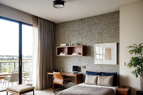 photo from pinterest of modern-style interior designed (hotel room interior) with storage bench or ottoman and plant and working desk with desk chair and accent chair and hotel bathroom and bedside table or night stand and bed and night light. . with open and natural lighting and practicality and functionality and neutral walls and textures and natural materials and elements and simple, clean lines and simplistic furniture and open and natural lighting. . cinematic photo, highly detailed, cinematic lighting, ultra-detailed, ultrarealistic, photorealism, 8k. trending on pinterest. modern interior design style. masterpiece, cinematic light, ultrarealistic+, photorealistic+, 8k, raw photo, realistic, sharp focus on eyes, (symmetrical eyes), (intact eyes), hyperrealistic, highest quality, best quality, , highly detailed, masterpiece, best quality, extremely detailed 8k wallpaper, masterpiece, best quality, ultra-detailed, best shadow, detailed background, detailed face, detailed eyes, high contrast, best illumination, detailed face, dulux, caustic, dynamic angle, detailed glow. dramatic lighting. highly detailed, insanely detailed hair, symmetrical, intricate details, professionally retouched, 8k high definition. strong bokeh. award winning photo.
