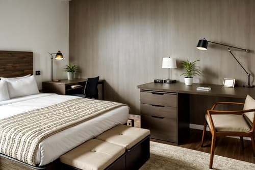 photo from pinterest of modern-style interior designed (hotel room interior) with storage bench or ottoman and plant and working desk with desk chair and accent chair and hotel bathroom and bedside table or night stand and bed and night light. . with open and natural lighting and practicality and functionality and neutral walls and textures and natural materials and elements and simple, clean lines and simplistic furniture and open and natural lighting. . cinematic photo, highly detailed, cinematic lighting, ultra-detailed, ultrarealistic, photorealism, 8k. trending on pinterest. modern interior design style. masterpiece, cinematic light, ultrarealistic+, photorealistic+, 8k, raw photo, realistic, sharp focus on eyes, (symmetrical eyes), (intact eyes), hyperrealistic, highest quality, best quality, , highly detailed, masterpiece, best quality, extremely detailed 8k wallpaper, masterpiece, best quality, ultra-detailed, best shadow, detailed background, detailed face, detailed eyes, high contrast, best illumination, detailed face, dulux, caustic, dynamic angle, detailed glow. dramatic lighting. highly detailed, insanely detailed hair, symmetrical, intricate details, professionally retouched, 8k high definition. strong bokeh. award winning photo.