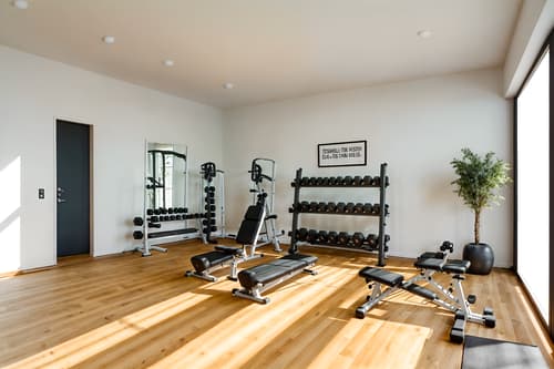 photo from pinterest of modern-style interior designed (fitness gym interior) with dumbbell stand and squat rack and bench press and crosstrainer and exercise bicycle and dumbbell stand. . with simple, clean lines and simplistic furniture and practicality and functionality and neutral walls and textures and natural materials and elements and open and natural lighting and simple, clean lines and simplistic furniture. . cinematic photo, highly detailed, cinematic lighting, ultra-detailed, ultrarealistic, photorealism, 8k. trending on pinterest. modern interior design style. masterpiece, cinematic light, ultrarealistic+, photorealistic+, 8k, raw photo, realistic, sharp focus on eyes, (symmetrical eyes), (intact eyes), hyperrealistic, highest quality, best quality, , highly detailed, masterpiece, best quality, extremely detailed 8k wallpaper, masterpiece, best quality, ultra-detailed, best shadow, detailed background, detailed face, detailed eyes, high contrast, best illumination, detailed face, dulux, caustic, dynamic angle, detailed glow. dramatic lighting. highly detailed, insanely detailed hair, symmetrical, intricate details, professionally retouched, 8k high definition. strong bokeh. award winning photo.