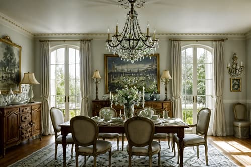 photo from pinterest of french country-style interior designed (dining room interior) with painting or photo on wall and plates, cutlery and glasses on dining table and light or chandelier and dining table chairs and plant and vase and table cloth and dining table. . with . . cinematic photo, highly detailed, cinematic lighting, ultra-detailed, ultrarealistic, photorealism, 8k. trending on pinterest. french country interior design style. masterpiece, cinematic light, ultrarealistic+, photorealistic+, 8k, raw photo, realistic, sharp focus on eyes, (symmetrical eyes), (intact eyes), hyperrealistic, highest quality, best quality, , highly detailed, masterpiece, best quality, extremely detailed 8k wallpaper, masterpiece, best quality, ultra-detailed, best shadow, detailed background, detailed face, detailed eyes, high contrast, best illumination, detailed face, dulux, caustic, dynamic angle, detailed glow. dramatic lighting. highly detailed, insanely detailed hair, symmetrical, intricate details, professionally retouched, 8k high definition. strong bokeh. award winning photo.