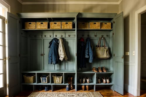 photo from pinterest of french country-style interior designed (mudroom interior) with storage drawers and cabinets and a bench and cubbies and wall hooks for coats and high up storage and shelves for shoes and storage baskets. . with . . cinematic photo, highly detailed, cinematic lighting, ultra-detailed, ultrarealistic, photorealism, 8k. trending on pinterest. french country interior design style. masterpiece, cinematic light, ultrarealistic+, photorealistic+, 8k, raw photo, realistic, sharp focus on eyes, (symmetrical eyes), (intact eyes), hyperrealistic, highest quality, best quality, , highly detailed, masterpiece, best quality, extremely detailed 8k wallpaper, masterpiece, best quality, ultra-detailed, best shadow, detailed background, detailed face, detailed eyes, high contrast, best illumination, detailed face, dulux, caustic, dynamic angle, detailed glow. dramatic lighting. highly detailed, insanely detailed hair, symmetrical, intricate details, professionally retouched, 8k high definition. strong bokeh. award winning photo.