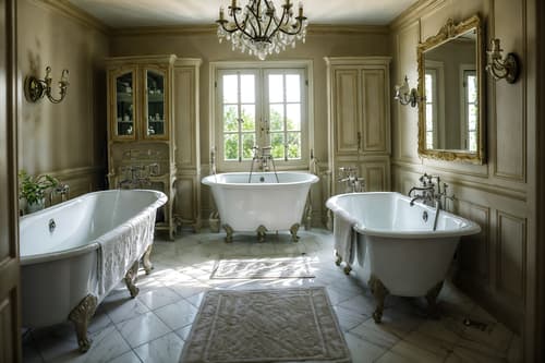 photo from pinterest of french country-style interior designed (bathroom interior) with waste basket and plant and bathroom sink with faucet and shower and bathtub and mirror and bath towel and bathroom cabinet. . with . . cinematic photo, highly detailed, cinematic lighting, ultra-detailed, ultrarealistic, photorealism, 8k. trending on pinterest. french country interior design style. masterpiece, cinematic light, ultrarealistic+, photorealistic+, 8k, raw photo, realistic, sharp focus on eyes, (symmetrical eyes), (intact eyes), hyperrealistic, highest quality, best quality, , highly detailed, masterpiece, best quality, extremely detailed 8k wallpaper, masterpiece, best quality, ultra-detailed, best shadow, detailed background, detailed face, detailed eyes, high contrast, best illumination, detailed face, dulux, caustic, dynamic angle, detailed glow. dramatic lighting. highly detailed, insanely detailed hair, symmetrical, intricate details, professionally retouched, 8k high definition. strong bokeh. award winning photo.