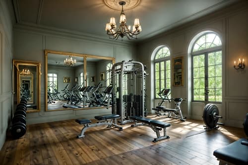 photo from pinterest of french country-style interior designed (fitness gym interior) with exercise bicycle and bench press and crosstrainer and squat rack and dumbbell stand and exercise bicycle. . with . . cinematic photo, highly detailed, cinematic lighting, ultra-detailed, ultrarealistic, photorealism, 8k. trending on pinterest. french country interior design style. masterpiece, cinematic light, ultrarealistic+, photorealistic+, 8k, raw photo, realistic, sharp focus on eyes, (symmetrical eyes), (intact eyes), hyperrealistic, highest quality, best quality, , highly detailed, masterpiece, best quality, extremely detailed 8k wallpaper, masterpiece, best quality, ultra-detailed, best shadow, detailed background, detailed face, detailed eyes, high contrast, best illumination, detailed face, dulux, caustic, dynamic angle, detailed glow. dramatic lighting. highly detailed, insanely detailed hair, symmetrical, intricate details, professionally retouched, 8k high definition. strong bokeh. award winning photo.