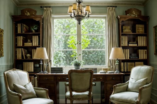 photo from pinterest of french country-style interior designed (study room interior) with office chair and plant and writing desk and cabinets and desk lamp and bookshelves and lounge chair and office chair. . with . . cinematic photo, highly detailed, cinematic lighting, ultra-detailed, ultrarealistic, photorealism, 8k. trending on pinterest. french country interior design style. masterpiece, cinematic light, ultrarealistic+, photorealistic+, 8k, raw photo, realistic, sharp focus on eyes, (symmetrical eyes), (intact eyes), hyperrealistic, highest quality, best quality, , highly detailed, masterpiece, best quality, extremely detailed 8k wallpaper, masterpiece, best quality, ultra-detailed, best shadow, detailed background, detailed face, detailed eyes, high contrast, best illumination, detailed face, dulux, caustic, dynamic angle, detailed glow. dramatic lighting. highly detailed, insanely detailed hair, symmetrical, intricate details, professionally retouched, 8k high definition. strong bokeh. award winning photo.