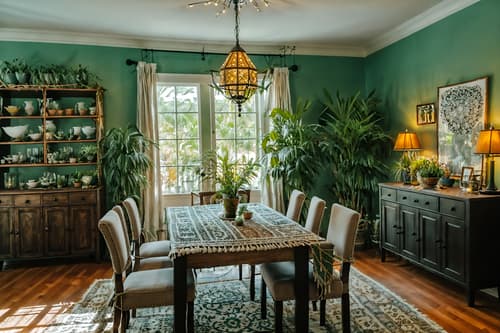 photo from pinterest of boho-chic-style interior designed (dining room interior) with dining table and plant and dining table chairs and painting or photo on wall and bookshelves and plates, cutlery and glasses on dining table and light or chandelier and table cloth. . . cinematic photo, highly detailed, cinematic lighting, ultra-detailed, ultrarealistic, photorealism, 8k. trending on pinterest. boho-chic interior design style. masterpiece, cinematic light, ultrarealistic+, photorealistic+, 8k, raw photo, realistic, sharp focus on eyes, (symmetrical eyes), (intact eyes), hyperrealistic, highest quality, best quality, , highly detailed, masterpiece, best quality, extremely detailed 8k wallpaper, masterpiece, best quality, ultra-detailed, best shadow, detailed background, detailed face, detailed eyes, high contrast, best illumination, detailed face, dulux, caustic, dynamic angle, detailed glow. dramatic lighting. highly detailed, insanely detailed hair, symmetrical, intricate details, professionally retouched, 8k high definition. strong bokeh. award winning photo.
