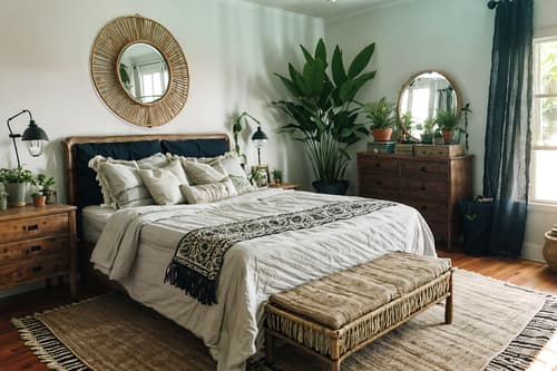 photo from pinterest of boho-chic-style interior designed (bedroom interior) with accent chair and plant and night light and mirror and storage bench or ottoman and headboard and dresser closet and bedside table or night stand. . . cinematic photo, highly detailed, cinematic lighting, ultra-detailed, ultrarealistic, photorealism, 8k. trending on pinterest. boho-chic interior design style. masterpiece, cinematic light, ultrarealistic+, photorealistic+, 8k, raw photo, realistic, sharp focus on eyes, (symmetrical eyes), (intact eyes), hyperrealistic, highest quality, best quality, , highly detailed, masterpiece, best quality, extremely detailed 8k wallpaper, masterpiece, best quality, ultra-detailed, best shadow, detailed background, detailed face, detailed eyes, high contrast, best illumination, detailed face, dulux, caustic, dynamic angle, detailed glow. dramatic lighting. highly detailed, insanely detailed hair, symmetrical, intricate details, professionally retouched, 8k high definition. strong bokeh. award winning photo.