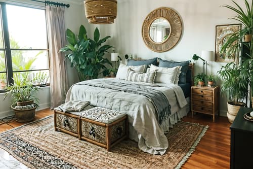 photo from pinterest of boho-chic-style interior designed (bedroom interior) with accent chair and plant and night light and mirror and storage bench or ottoman and headboard and dresser closet and bedside table or night stand. . . cinematic photo, highly detailed, cinematic lighting, ultra-detailed, ultrarealistic, photorealism, 8k. trending on pinterest. boho-chic interior design style. masterpiece, cinematic light, ultrarealistic+, photorealistic+, 8k, raw photo, realistic, sharp focus on eyes, (symmetrical eyes), (intact eyes), hyperrealistic, highest quality, best quality, , highly detailed, masterpiece, best quality, extremely detailed 8k wallpaper, masterpiece, best quality, ultra-detailed, best shadow, detailed background, detailed face, detailed eyes, high contrast, best illumination, detailed face, dulux, caustic, dynamic angle, detailed glow. dramatic lighting. highly detailed, insanely detailed hair, symmetrical, intricate details, professionally retouched, 8k high definition. strong bokeh. award winning photo.