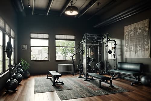 photo from pinterest of boho-chic-style interior designed (fitness gym interior) with exercise bicycle and crosstrainer and bench press and dumbbell stand and squat rack and exercise bicycle. . . cinematic photo, highly detailed, cinematic lighting, ultra-detailed, ultrarealistic, photorealism, 8k. trending on pinterest. boho-chic interior design style. masterpiece, cinematic light, ultrarealistic+, photorealistic+, 8k, raw photo, realistic, sharp focus on eyes, (symmetrical eyes), (intact eyes), hyperrealistic, highest quality, best quality, , highly detailed, masterpiece, best quality, extremely detailed 8k wallpaper, masterpiece, best quality, ultra-detailed, best shadow, detailed background, detailed face, detailed eyes, high contrast, best illumination, detailed face, dulux, caustic, dynamic angle, detailed glow. dramatic lighting. highly detailed, insanely detailed hair, symmetrical, intricate details, professionally retouched, 8k high definition. strong bokeh. award winning photo.