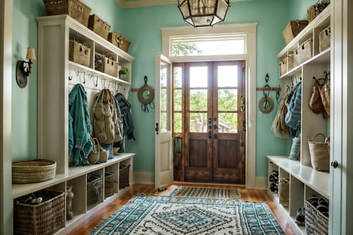 photo from pinterest of boho-chic-style interior designed (mudroom interior) with wall hooks for coats and cubbies and cabinets and a bench and storage baskets and high up storage and shelves for shoes and storage drawers. . . cinematic photo, highly detailed, cinematic lighting, ultra-detailed, ultrarealistic, photorealism, 8k. trending on pinterest. boho-chic interior design style. masterpiece, cinematic light, ultrarealistic+, photorealistic+, 8k, raw photo, realistic, sharp focus on eyes, (symmetrical eyes), (intact eyes), hyperrealistic, highest quality, best quality, , highly detailed, masterpiece, best quality, extremely detailed 8k wallpaper, masterpiece, best quality, ultra-detailed, best shadow, detailed background, detailed face, detailed eyes, high contrast, best illumination, detailed face, dulux, caustic, dynamic angle, detailed glow. dramatic lighting. highly detailed, insanely detailed hair, symmetrical, intricate details, professionally retouched, 8k high definition. strong bokeh. award winning photo.