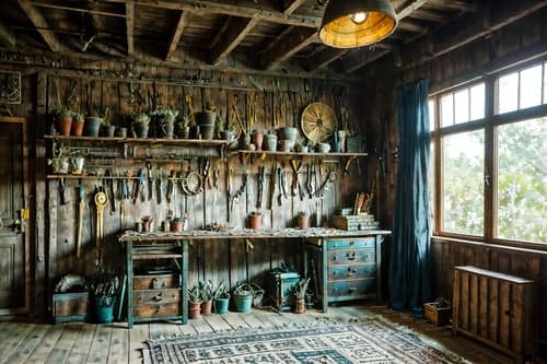 photo from pinterest of boho-chic-style interior designed (workshop interior) with tool wall and messy and wooden workbench and tool wall. . . cinematic photo, highly detailed, cinematic lighting, ultra-detailed, ultrarealistic, photorealism, 8k. trending on pinterest. boho-chic interior design style. masterpiece, cinematic light, ultrarealistic+, photorealistic+, 8k, raw photo, realistic, sharp focus on eyes, (symmetrical eyes), (intact eyes), hyperrealistic, highest quality, best quality, , highly detailed, masterpiece, best quality, extremely detailed 8k wallpaper, masterpiece, best quality, ultra-detailed, best shadow, detailed background, detailed face, detailed eyes, high contrast, best illumination, detailed face, dulux, caustic, dynamic angle, detailed glow. dramatic lighting. highly detailed, insanely detailed hair, symmetrical, intricate details, professionally retouched, 8k high definition. strong bokeh. award winning photo.