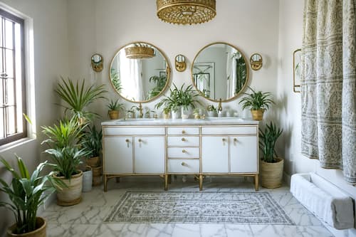 photo from pinterest of boho-chic-style interior designed (bathroom interior) with bathroom sink with faucet and shower and toilet seat and plant and waste basket and bath towel and bathtub and mirror. . . cinematic photo, highly detailed, cinematic lighting, ultra-detailed, ultrarealistic, photorealism, 8k. trending on pinterest. boho-chic interior design style. masterpiece, cinematic light, ultrarealistic+, photorealistic+, 8k, raw photo, realistic, sharp focus on eyes, (symmetrical eyes), (intact eyes), hyperrealistic, highest quality, best quality, , highly detailed, masterpiece, best quality, extremely detailed 8k wallpaper, masterpiece, best quality, ultra-detailed, best shadow, detailed background, detailed face, detailed eyes, high contrast, best illumination, detailed face, dulux, caustic, dynamic angle, detailed glow. dramatic lighting. highly detailed, insanely detailed hair, symmetrical, intricate details, professionally retouched, 8k high definition. strong bokeh. award winning photo.